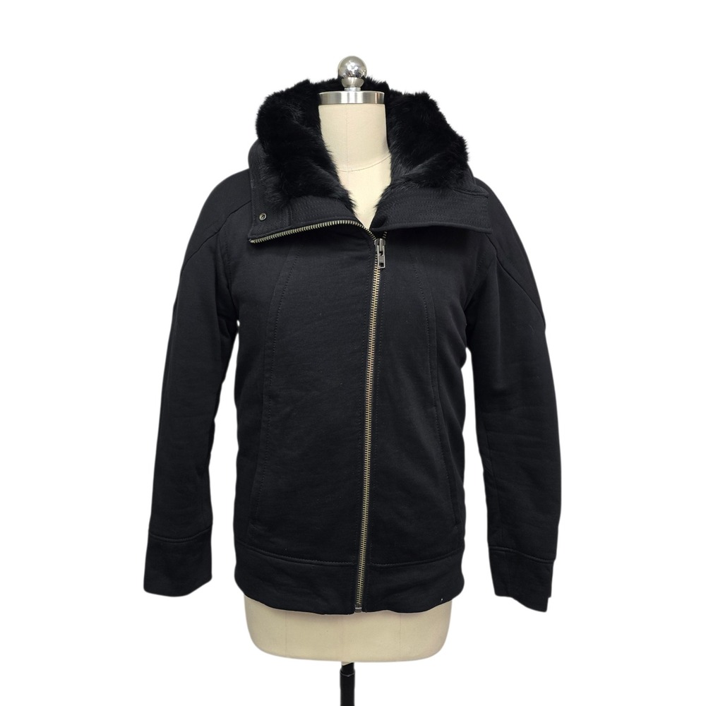 Helmut Lang Black Rabbit Fur Lined Asymmetrical Zip Hoodie Jacket Womens Petite‎